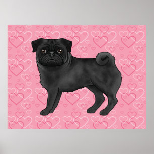 Black Pug Dog Cartoon Mops Love Heart Pattern Pink Poster