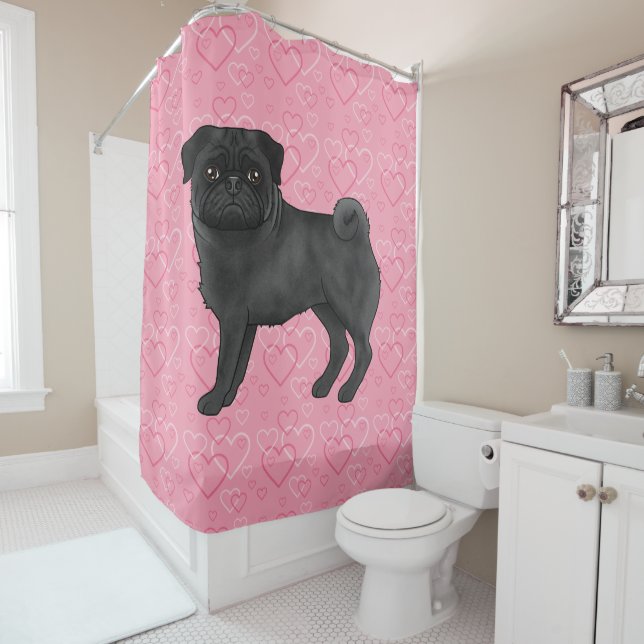 Black Pug Dog Cartoon Mops Pink Love Heart Pattern (In Situ)