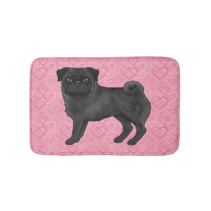 Black Pug Dog Cartoon Mops Pink Love Heart Pattern Bath Mat