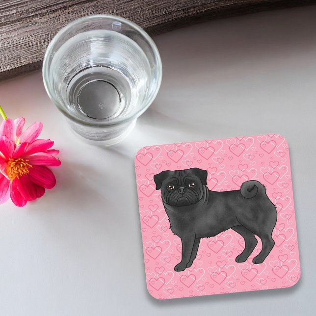 Black Pug Dog Cartoon Mops Pink Love Heart Pattern Coaster (Disclaimer: This image is a digital mockup thus items may not be in scale.)