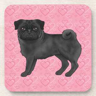 Black Pug Dog Cartoon Mops Pink Love Heart Pattern Coaster