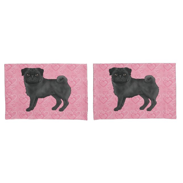 Black Pug Dog Cartoon Mops Pink Love Heart Pattern Pillowcase (Front-Set)
