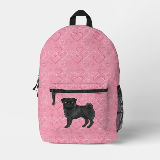 Black Pug Dog Cartoon Mops Pink Love Heart Pattern Printed Backpack (Front)