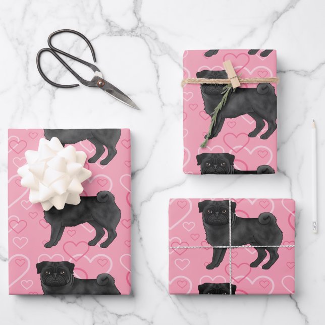 Black Pug Dog Cartoon Mops Pink Love Heart Pattern Wrapping Paper Sheet (Front)