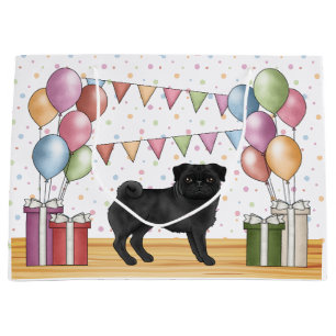 Black Pug Dog Colourful Pastel Birthday Balloons Large Gift Bag