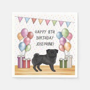 Black Pug Dog Colourful Pastels Happy Birthday Napkin