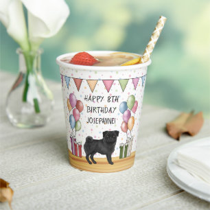 Black Pug Dog Colourful Pastels Happy Birthday Paper Cups