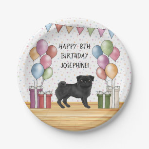 Black Pug Dog Colourful Pastels Happy Birthday Paper Plate