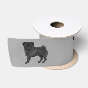 Black Pug Dog Cute Cartoon Illustration Grey Satin Ribbon