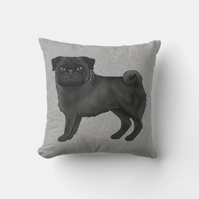 Black Pug Dog Cute Cartoon Illustration Grey Throw Pillow (Front)