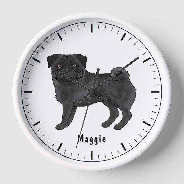 Black Pug Dog Cute Cartoon Illustration With Name Clock (Front)