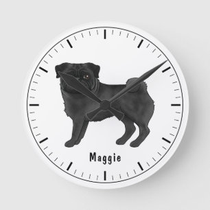 Black Pug Dog Cute Cartoon Illustration With Name Round Clock