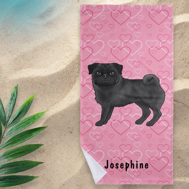 Black Pug Dog Cute Mops And Pink Hearts With Name Beach Towel (Creator Uploaded)