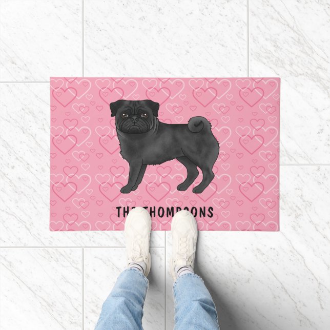 Black Pug Dog Cute Mops And Pink Hearts With Name Doormat (Indoor)