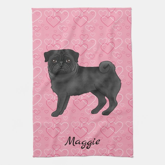 Black Pug Dog Cute Mops And Pink Hearts With Name Kitchen Towel (Vertical)