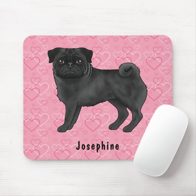 Black Pug Dog Cute Mops And Pink Hearts With Name Mouse Pad (With Mouse)