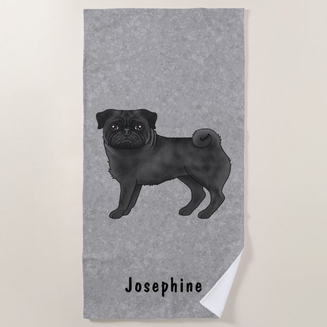 Black Pug Dog Cute Mops Dog Breed Design Grey Beach Towel (Front)