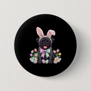 Black pug dog easter bunny eggs cute spring floral 2 inch round button