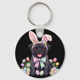 Black pug dog easter bunny eggs cute spring floral keychain