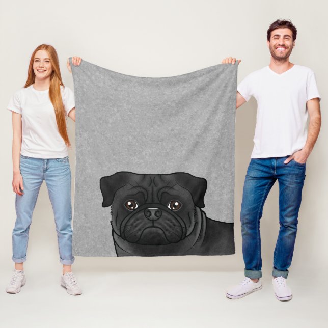 Black Pug Dog Head Close-Up Cartoon Illustration Fleece Blanket (In Situ)