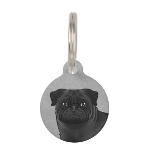 Black Pug Dog Head Close-Up Cartoon Illustration Pet Tag