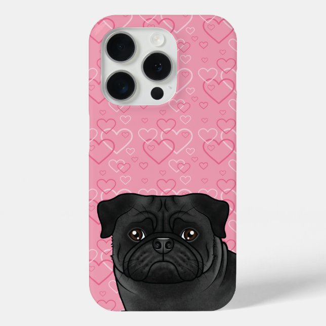 Black Pug Dog Head Close-Up On Pink Love Hearts Case-Mate iPhone Case (Back)