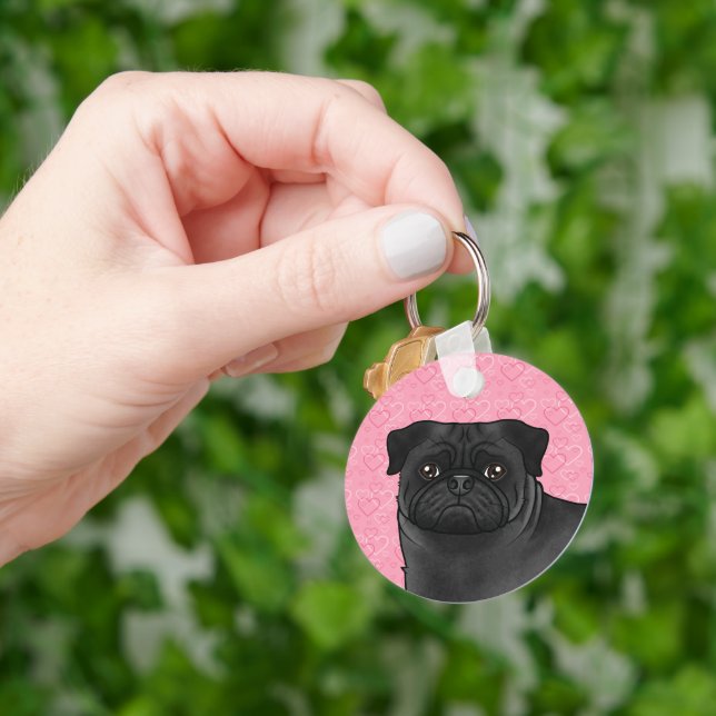 Black Pug Dog Head Close-Up On Pink Love Hearts Keychain (Hand)