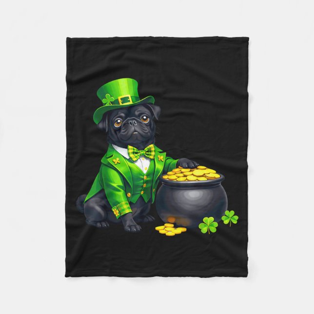 Black pug dog leprechaun shamrocks st patrick's fleece blanket (Front)