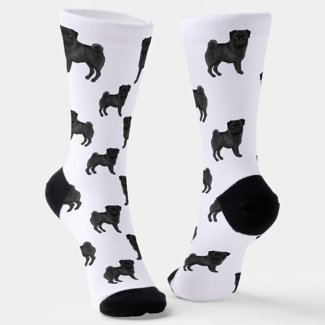 Black Pug Dog Mops Design Cute Cartoon Dog Pattern Socks (Angled)