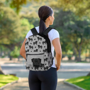 Black Pug Dog Mops Design Pattern With Name Grey Printed Backpack