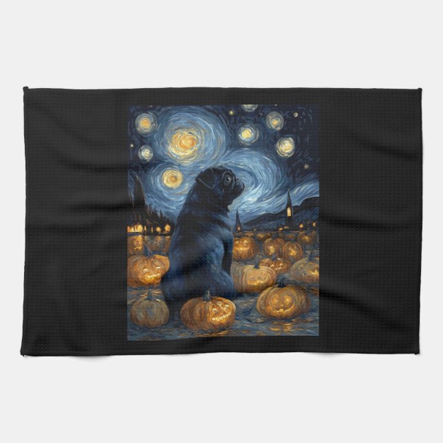 Black Pug dog of van gogh starry night halloween F Kitchen Towel (Horizontal)