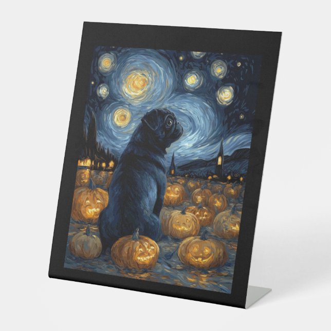 Black Pug dog of van gogh starry night halloween F Pedestal Sign (Front)