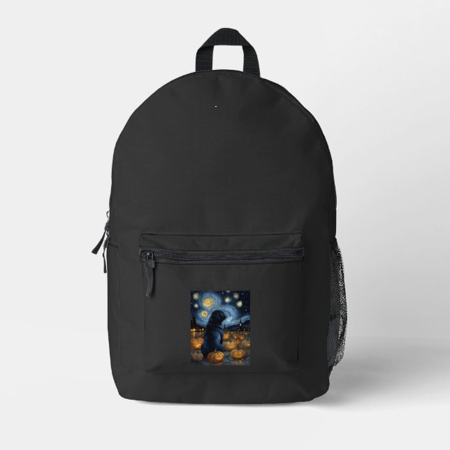 Black Pug dog of van gogh starry night halloween F Printed Backpack (Front)