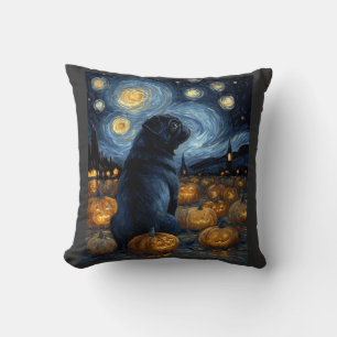 Black Pug dog of van gogh starry night halloween F Throw Pillow