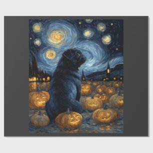 Black Pug dog of van gogh starry night halloween F Wrapping Paper