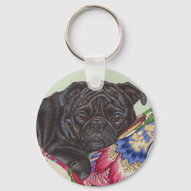 Black Pug Dog Painting Art Keychain (Front)