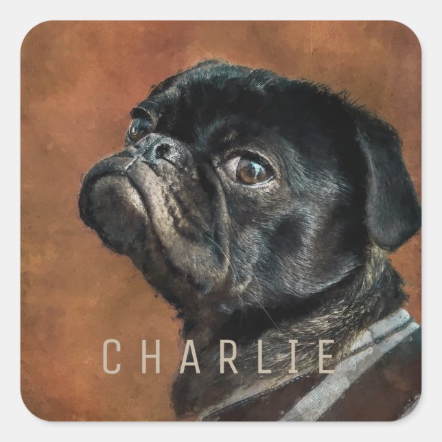 Black Pug Dog Personalized Square Sticker (Front)