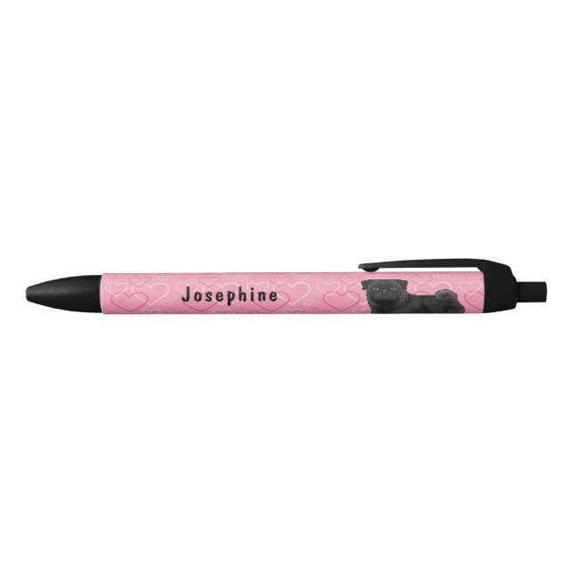 Black Pug Dog Pink Love Hearts Pattern With Name Black Ink Pen (Top)