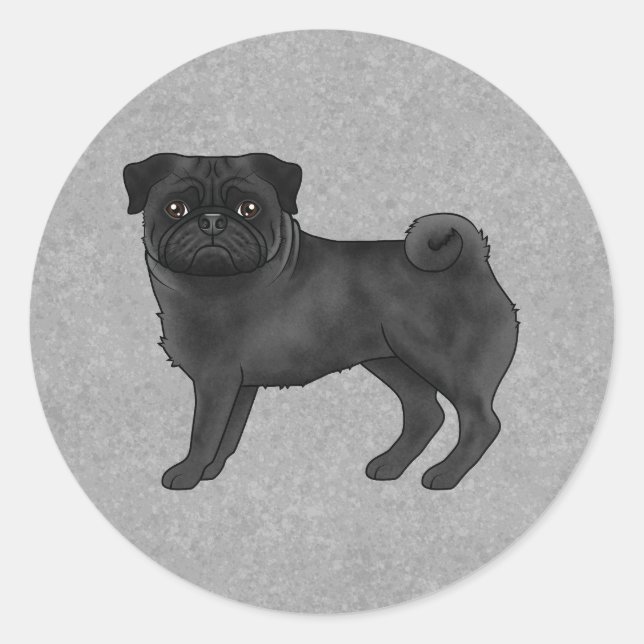 Black Pug Dog Standing Cute Cartoon Illustration Classic Round Sticker (Front)