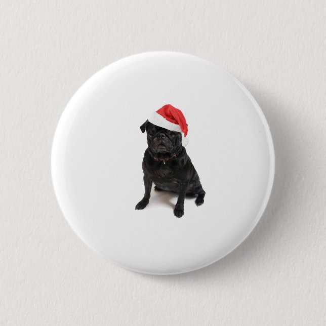 Black pug dog with red santa hat 2 inch round button (Front)