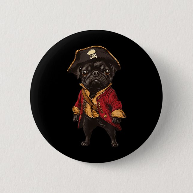 Black Pug Dressed As A Pirate Funny Dog Pug 2 Inch Round Button (Front)