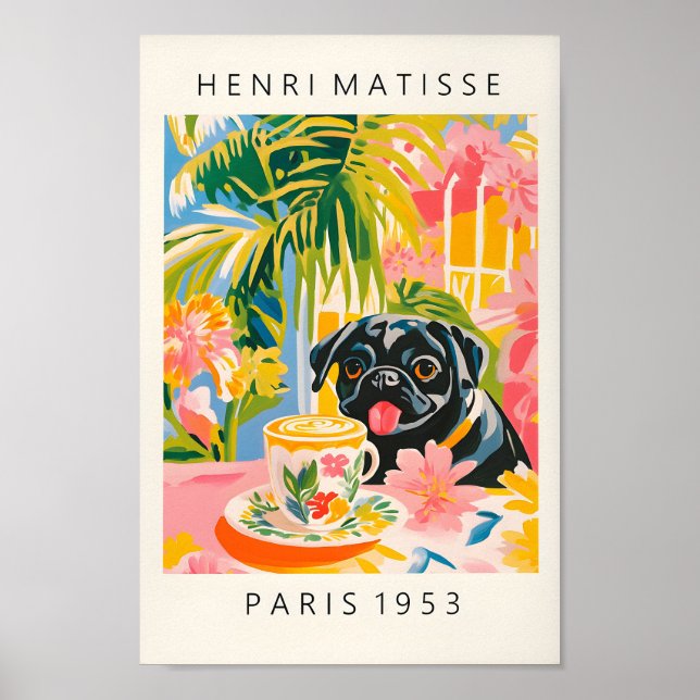 Black Pug Drinking Coffee, Funny Dog Print, Aesthe Poster (Front)