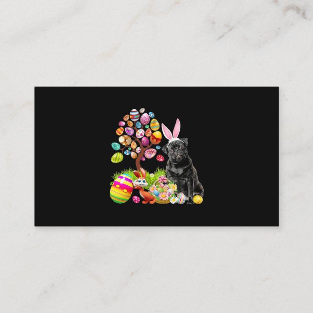 BLACK Pug Easter Egg Tree Dogs Bunny Easters Day Business Card (Front)
