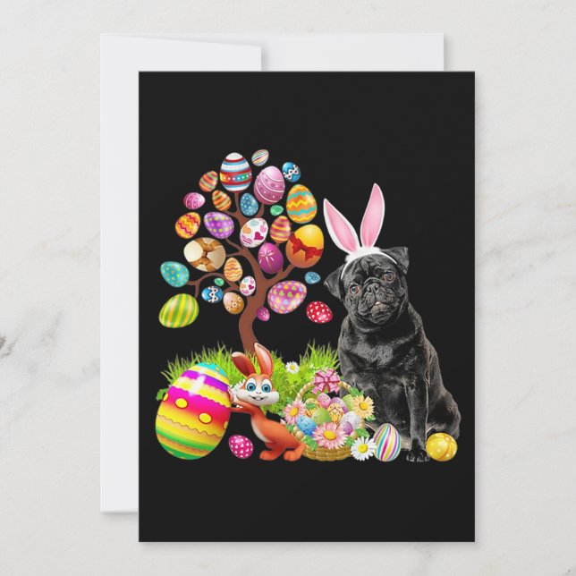 BLACK Pug Easter Egg Tree Dogs Bunny Easters Day Invitation (Front)