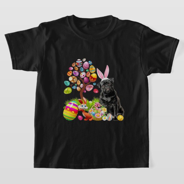 BLACK Pug Easter Egg Tree Dogs Bunny Easters Day T-Shirt (Laydown)