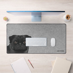 Black Pug Head Cartoon Dog With Custom Name Grey Desk Mat