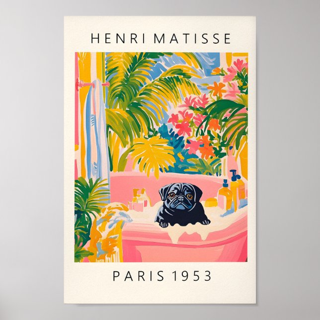 Black Pug In Bathtub, Funny Bathroom Poster For Do (Front)