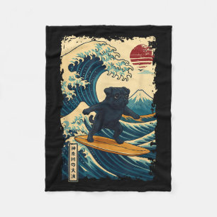 Black Pug Japanese Kanagawa Wave Surfing Japan Mom Fleece Blanket