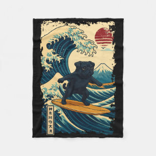 Black Pug Japanese Kanagawa Wave Surfing Japan Mom Fleece Blanket