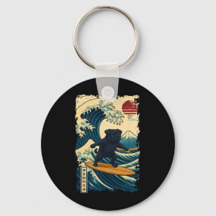 Black Pug Japanese Kanagawa Wave Surfing Japan Mom Keychain